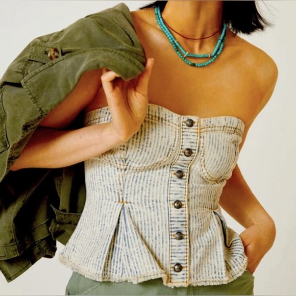 PILCRO XL Anthropologie Denim Sleeveless Corset Crop Tube Top  Club Biker Edgy - Picture 3 of 16